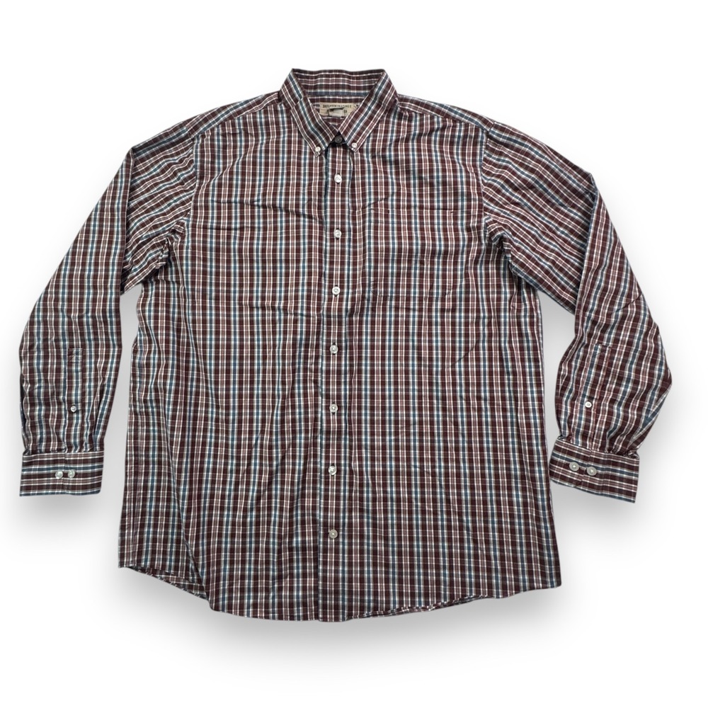 Duluth Trading Co Wrinklefighter Plaid Shirt Mens XL Tall Relaxed Fit Burgundy